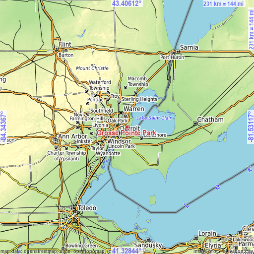 Topographic map of Grosse Pointe Park