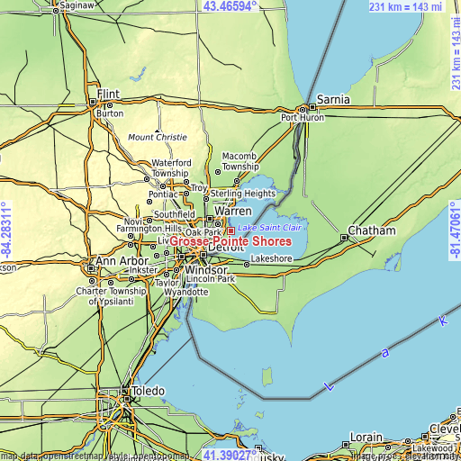 Topographic map of Grosse Pointe Shores