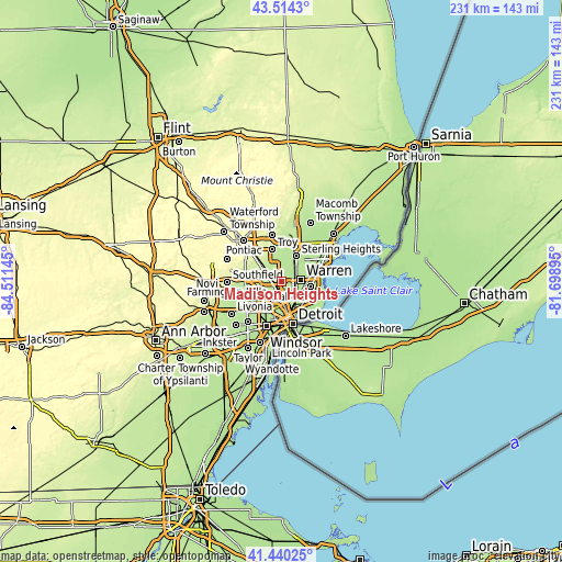 Topographic map of Madison Heights