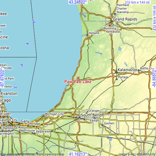 Topographic map of Paw Paw Lake