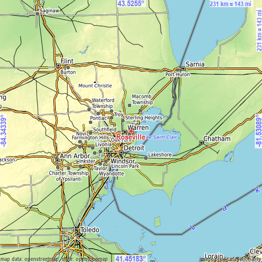 Topographic map of Roseville