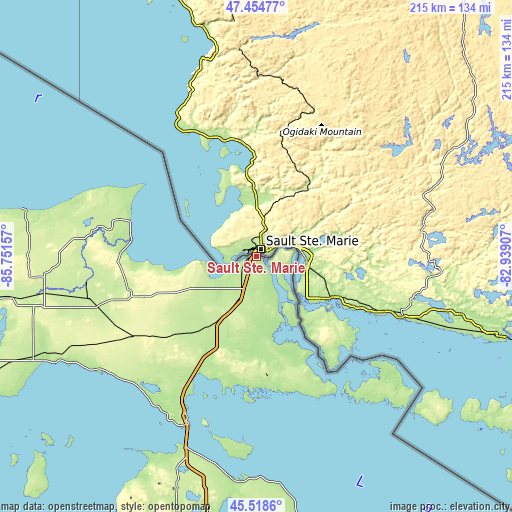 Topographic map of Sault Ste. Marie