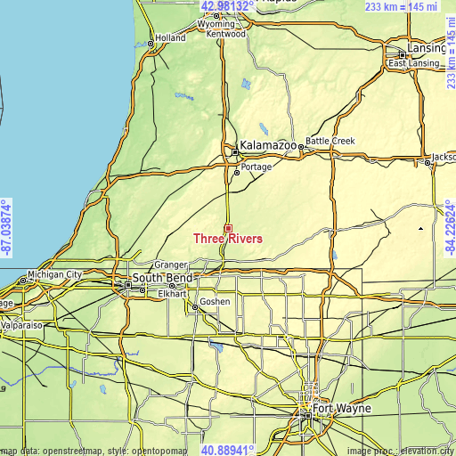 Topographic map of Three Rivers