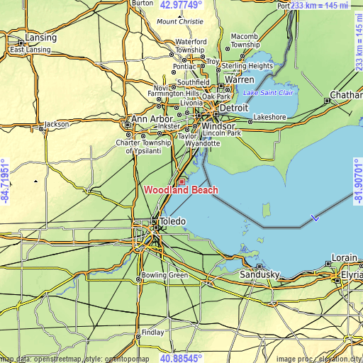 Topographic map of Woodland Beach