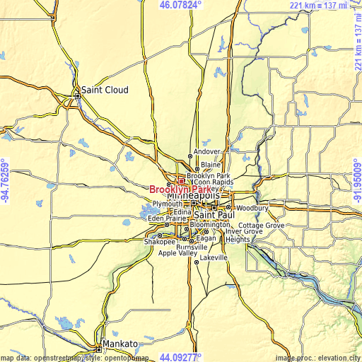 Topographic map of Brooklyn Park