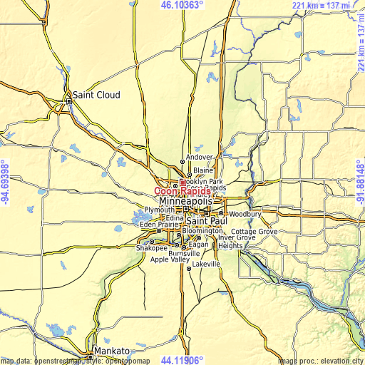 Topographic map of Coon Rapids