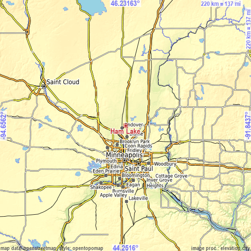 Topographic map of Ham Lake