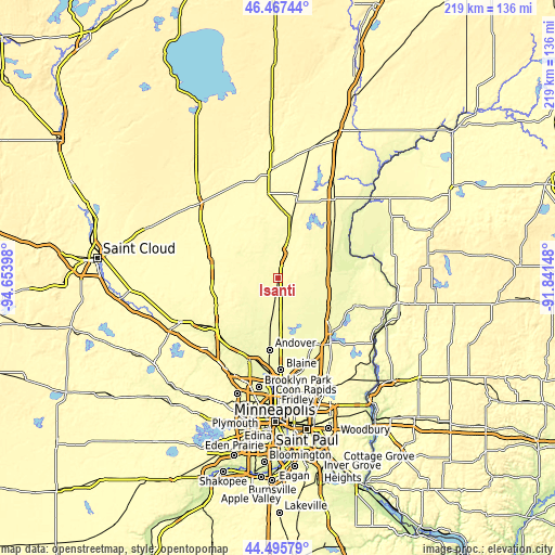 Topographic map of Isanti