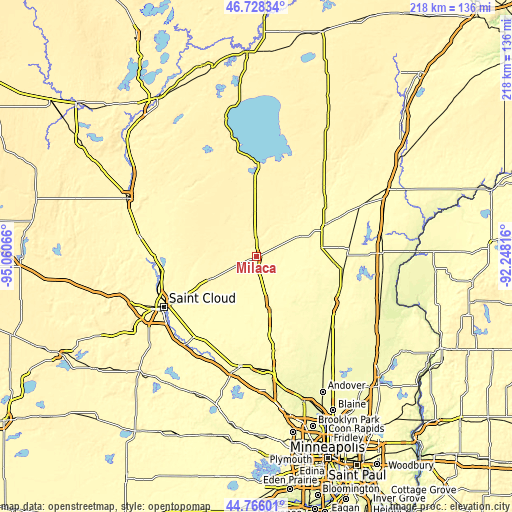 Topographic map of Milaca