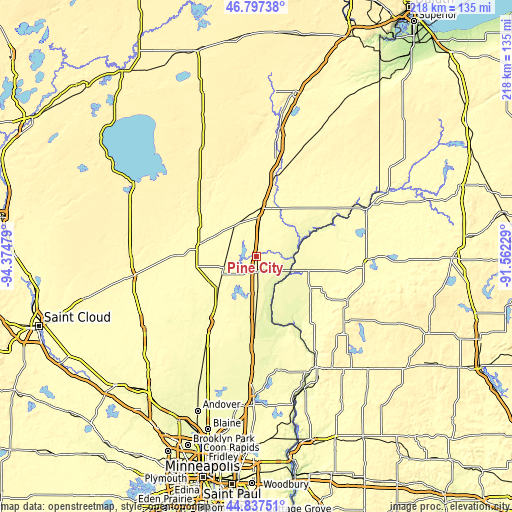 Topographic map of Pine City