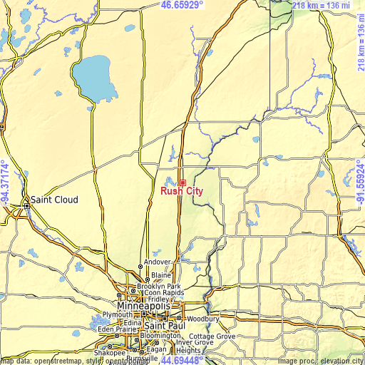 Topographic map of Rush City