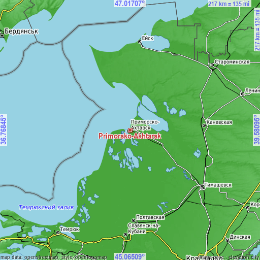 Topographic map of Primorsko-Akhtarsk