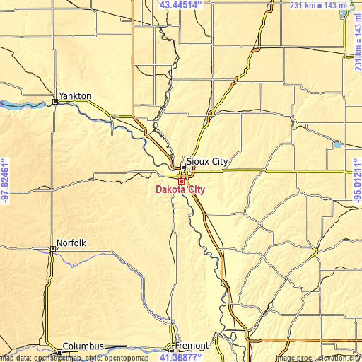 Topographic map of Dakota City