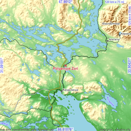 Topographic map of Polyarnyye Zori