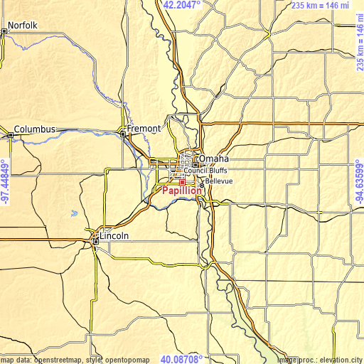 Topographic map of Papillion