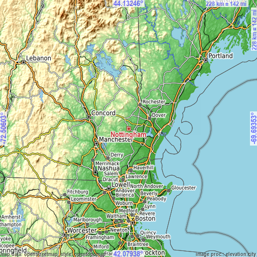 Topographic map of Nottingham