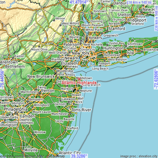 Topographic map of Atlantic Highlands