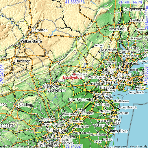 Topographic map of Beattystown