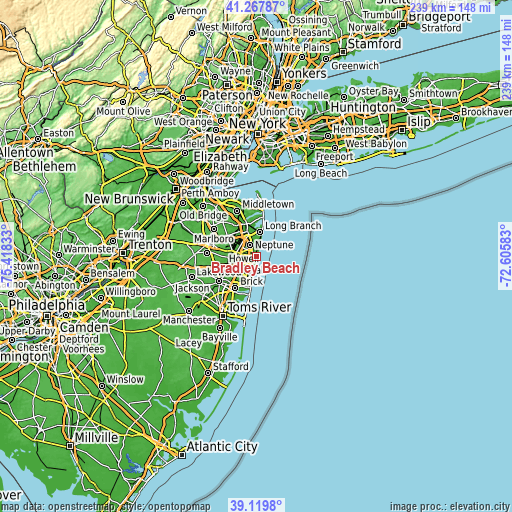 Topographic map of Bradley Beach