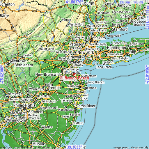 Topographic map of Cliffwood Beach