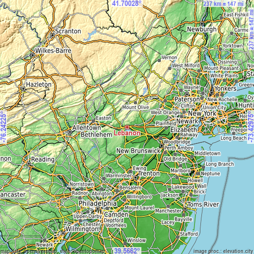 Topographic map of Lebanon