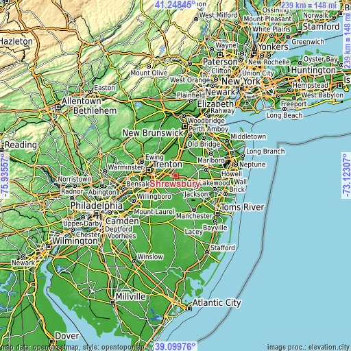 Topographic map of Shrewsbury