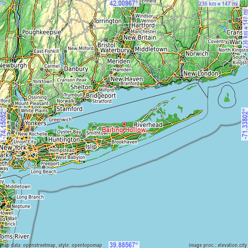 Topographic map of Baiting Hollow