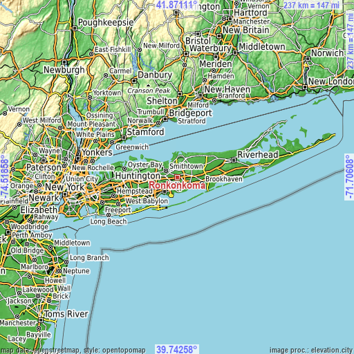 Topographic map of Ronkonkoma