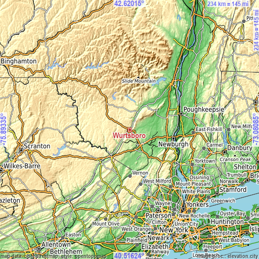 Topographic map of Wurtsboro