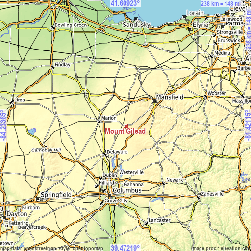 Topographic map of Mount Gilead