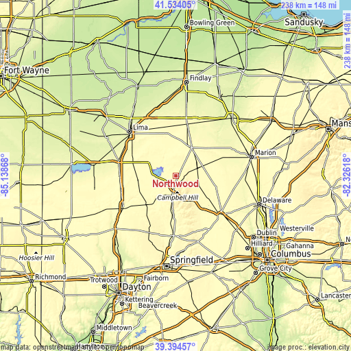 Topographic map of Northwood