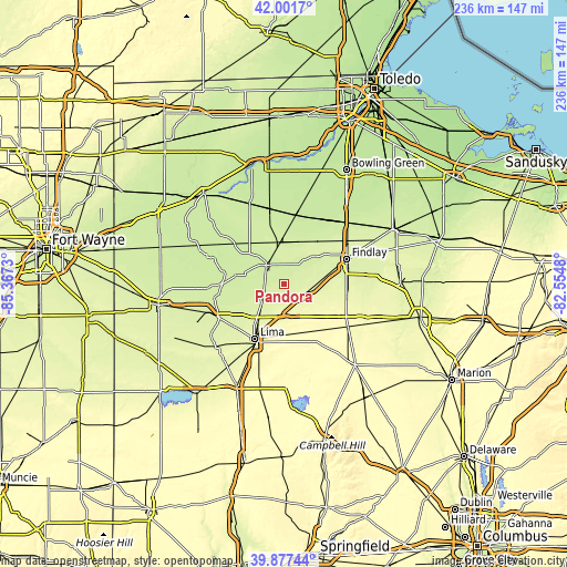 Topographic map of Pandora