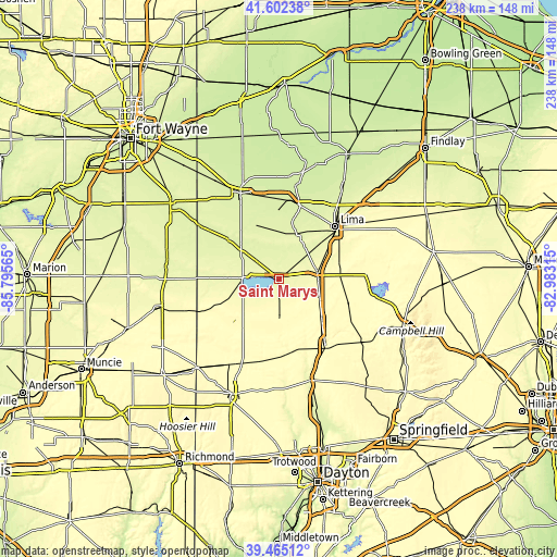 Topographic map of Saint Marys