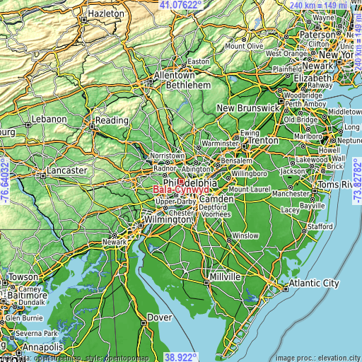 Topographic map of Bala-Cynwyd