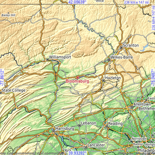 Topographic map of Bloomsburg