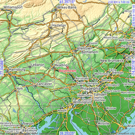 Topographic map of Boyertown