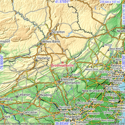 Topographic map of Brodheadsville