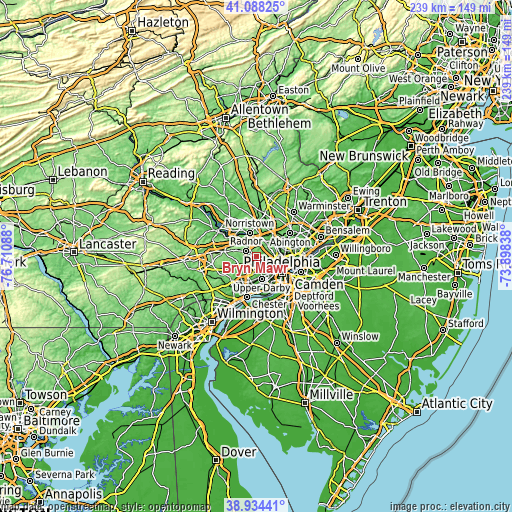 Topographic map of Bryn Mawr