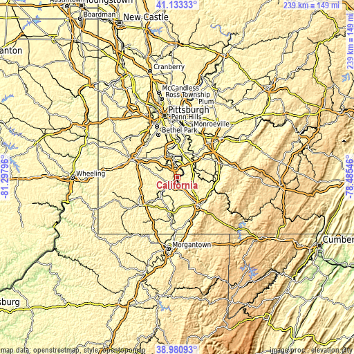 Topographic map of California