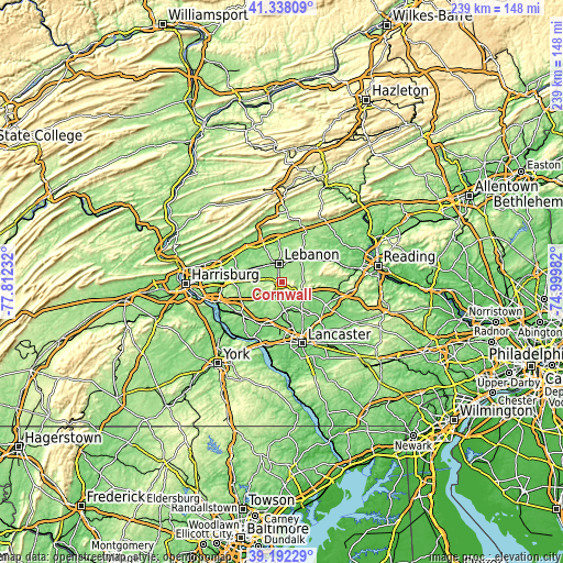 Topographic map of Cornwall