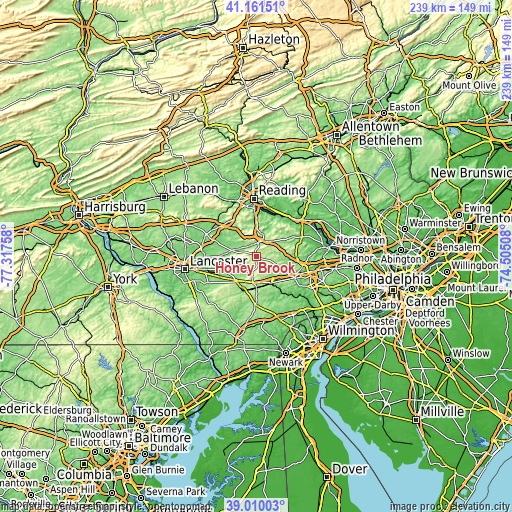 Topographic map of Honey Brook