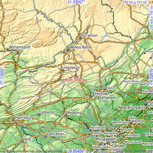 Topographic map of Jim Thorpe