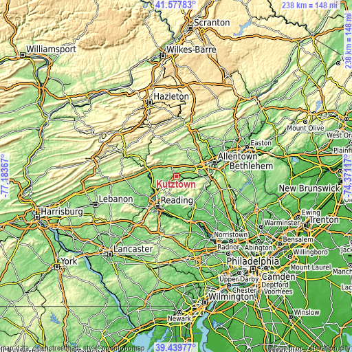 Topographic map of Kutztown