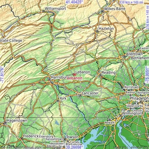 Topographic map of Lebanon