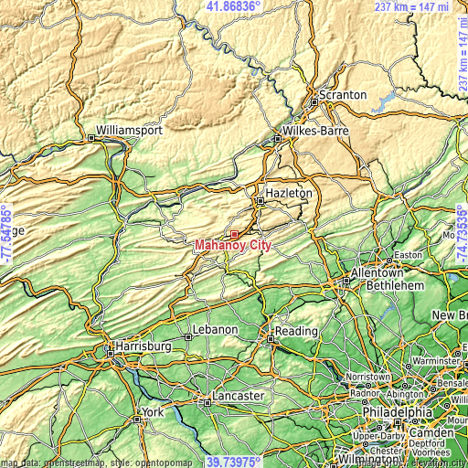 Topographic map of Mahanoy City