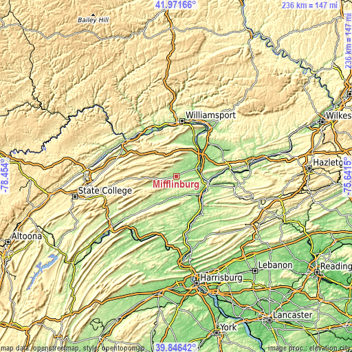 Topographic map of Mifflinburg