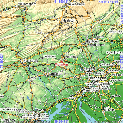 Topographic map of Mohnton