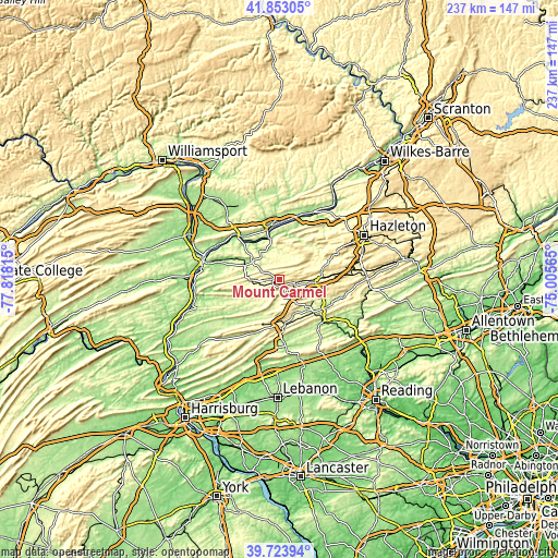 Topographic map of Mount Carmel