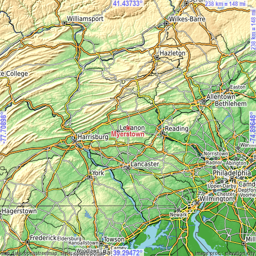 Topographic map of Myerstown