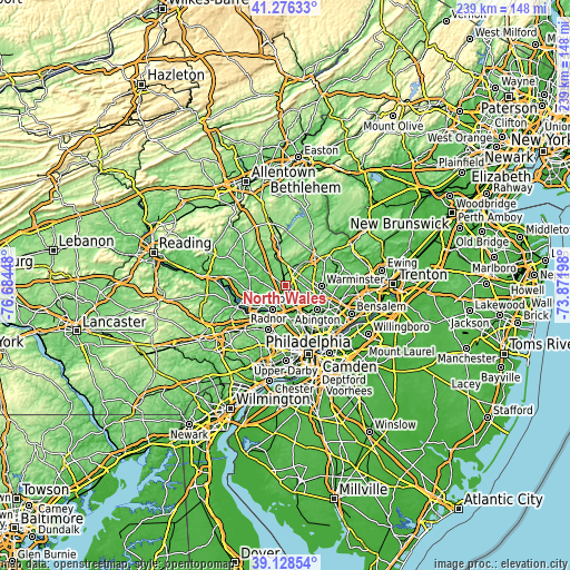 Topographic map of North Wales